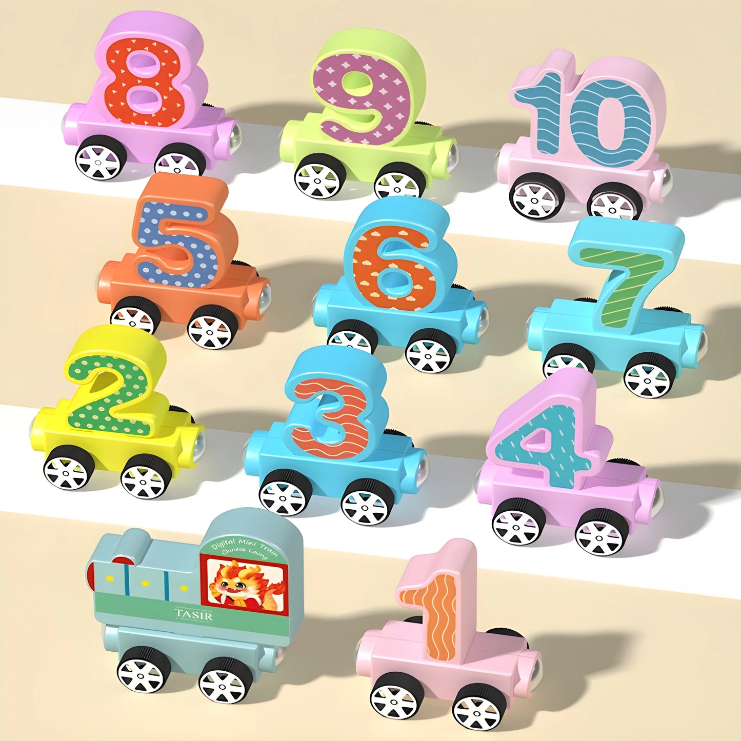 Set of colorful magnetic wooden number trains on a beige background