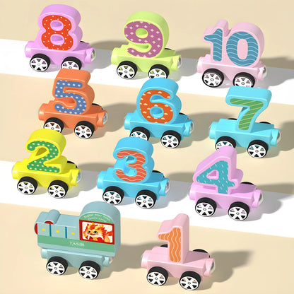 Set of colorful magnetic wooden number trains on a beige background