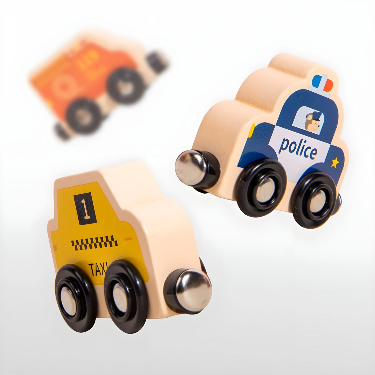 magnetic Wooden toy cars shaped like a taxi and a police car on a white background