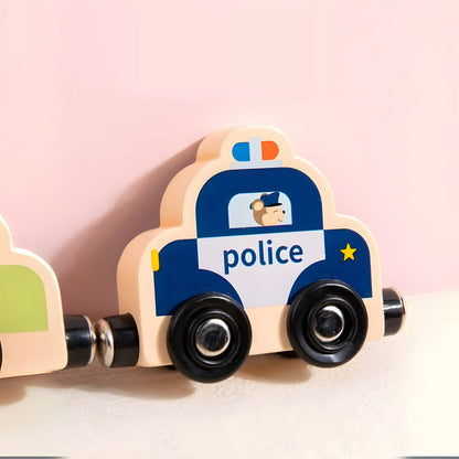 magnetic Wooden toy police car on a pink background