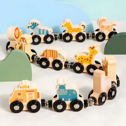 magnetic Wooden toy train set with animal figures on a light background