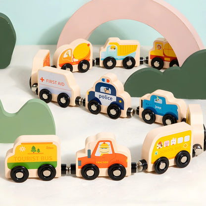 Set of magnetic wooden toy cars with different vehicle labels on a white surface with a green arch in the background.