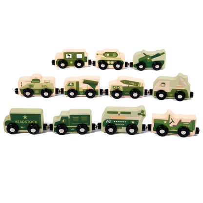 magnetic wooden toy trucks in green and beige on a white background