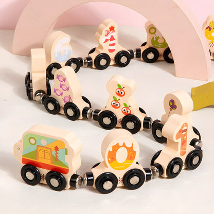 magnetic Wooden toy train with numbered and character-themed cars on a white background