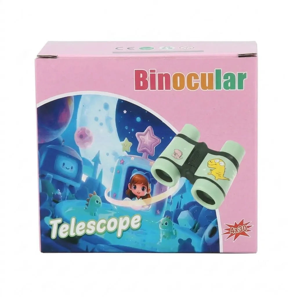 Green Montessori Explorer Binoculars toy in pink box. Features 4x30 lenses and space-themed design for kids' outdoor play and bird watching.