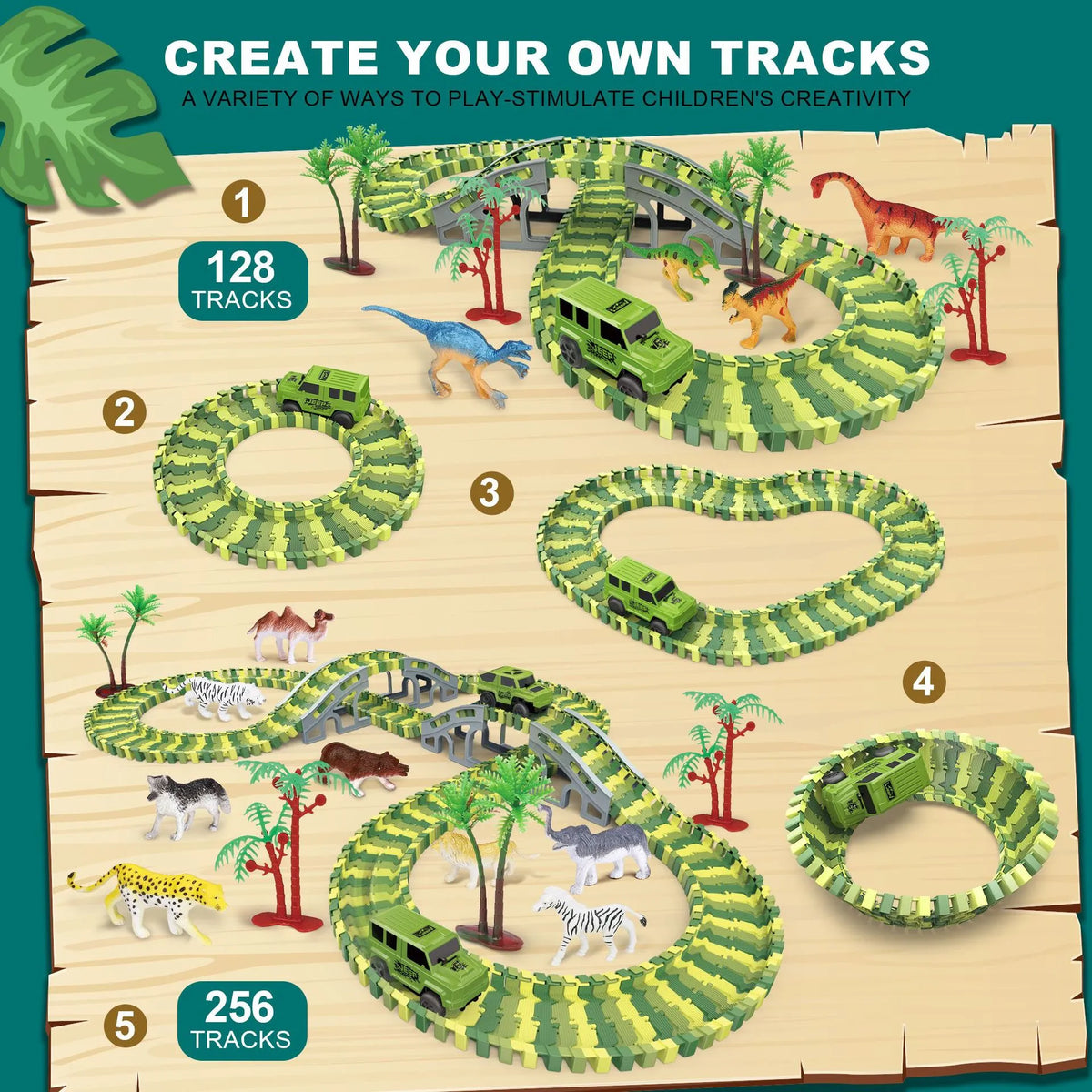 Montessori Flexible Race Track Set | Construction & Dinosaur Race Tracks Toys | DIY Road Adventure Set with Cars | Engineering Playset for Kids