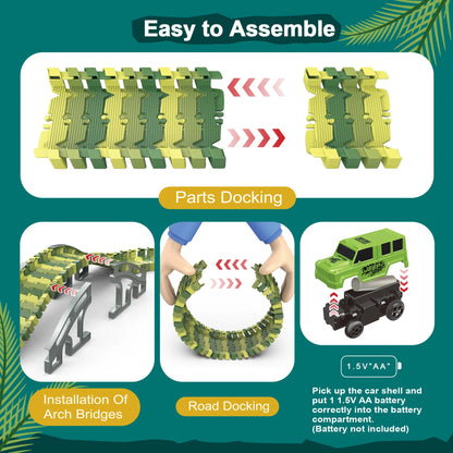 Montessori Flexible Race Track Set | Construction & Dinosaur Race Tracks Toys | DIY Road Adventure Set with Cars | Engineering Playset for Kids