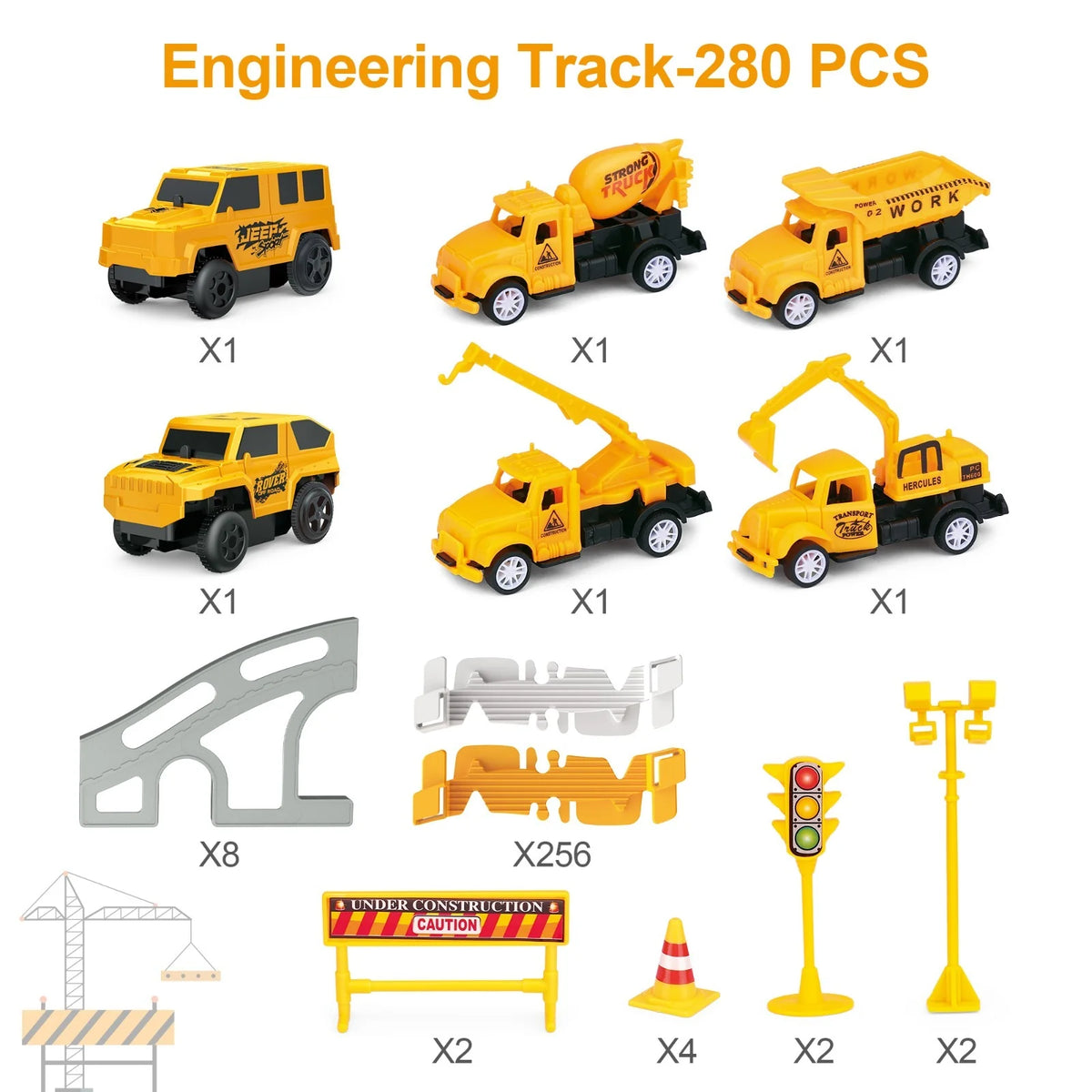 280-piece engineering track set featuring yellow construction vehicles like cement mixers and cranes. Includes flexible grey and yellow road tracks, curved ramps, traffic lights, and construction signs for a DIY racing adventure.