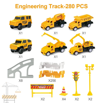 280-piece engineering track set featuring yellow construction vehicles like cement mixers and cranes. Includes flexible grey and yellow road tracks, curved ramps, traffic lights, and construction signs for a DIY racing adventure.
