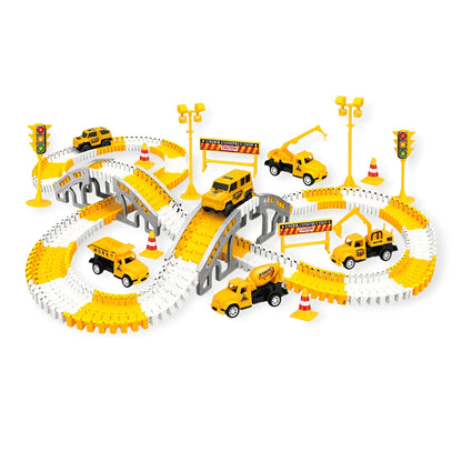Yellow Montessori Flexible Race Track Set featuring a construction theme. Includes DIY road pieces, ramps, bridges, traffic lights, and vehicles like a cement mixer, dump truck, and crane. A versatile engineering playset and road adventure toy for kids.