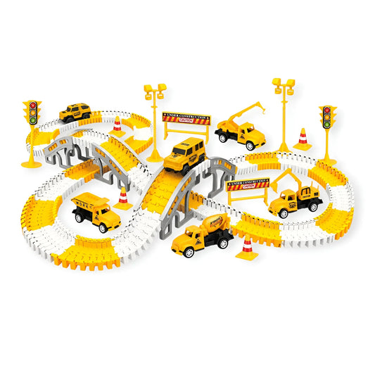 Yellow Montessori Flexible Race Track Set featuring a construction theme. Includes DIY road pieces, ramps, bridges, traffic lights, and vehicles like a cement mixer, dump truck, and crane. A versatile engineering playset and road adventure toy for kids.