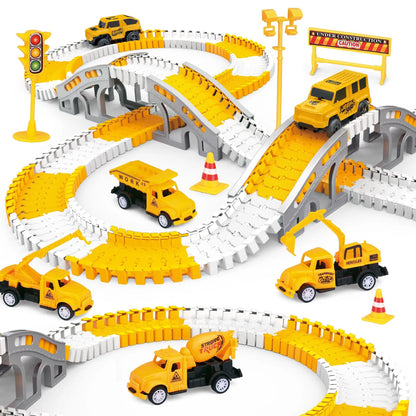 Montessori Flexible Race Track Set | Construction & Dinosaur Race Tracks Toys | DIY Road Adventure Set with Cars | Engineering Playset for Kids