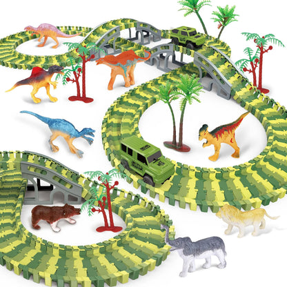 Montessori Flexible Race Track Set | Construction & Dinosaur Race Tracks Toys | DIY Road Adventure Set with Cars | Engineering Playset for Kids