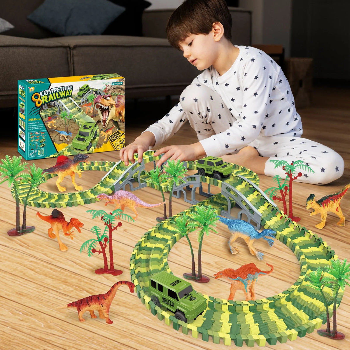 Montessori Flexible Race Track Set | Construction & Dinosaur Race Tracks Toys | DIY Road Adventure Set with Cars | Engineering Playset for Kids