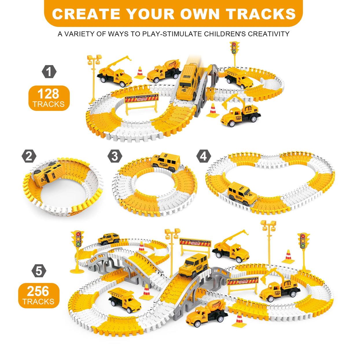 Montessori Flexible Race Track Set | Construction & Dinosaur Race Tracks Toys | DIY Road Adventure Set with Cars | Engineering Playset for Kids
