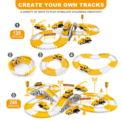 Montessori Flexible Race Track Set | Construction & Dinosaur Race Tracks Toys | DIY Road Adventure Set with Cars | Engineering Playset for Kids
