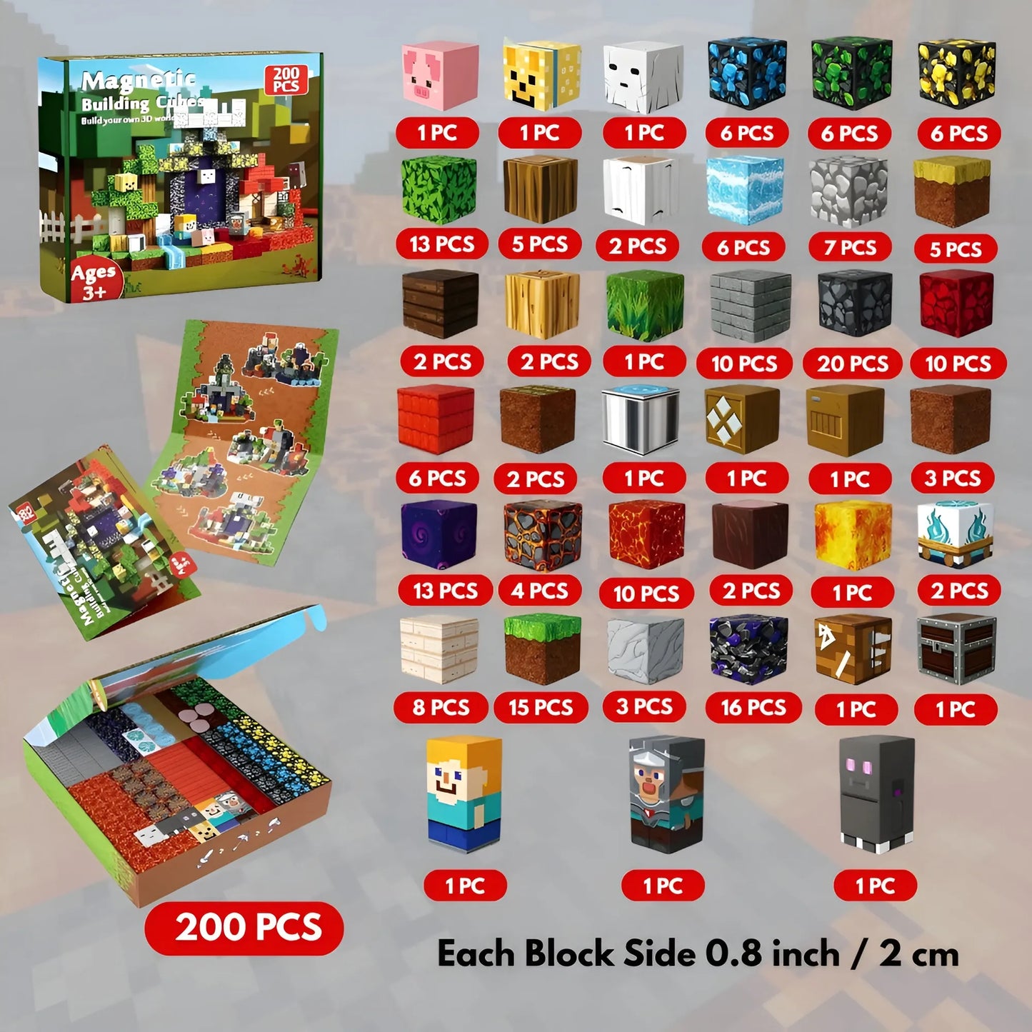 Magnetic building blocks set with packaging and block examples on a gray background
