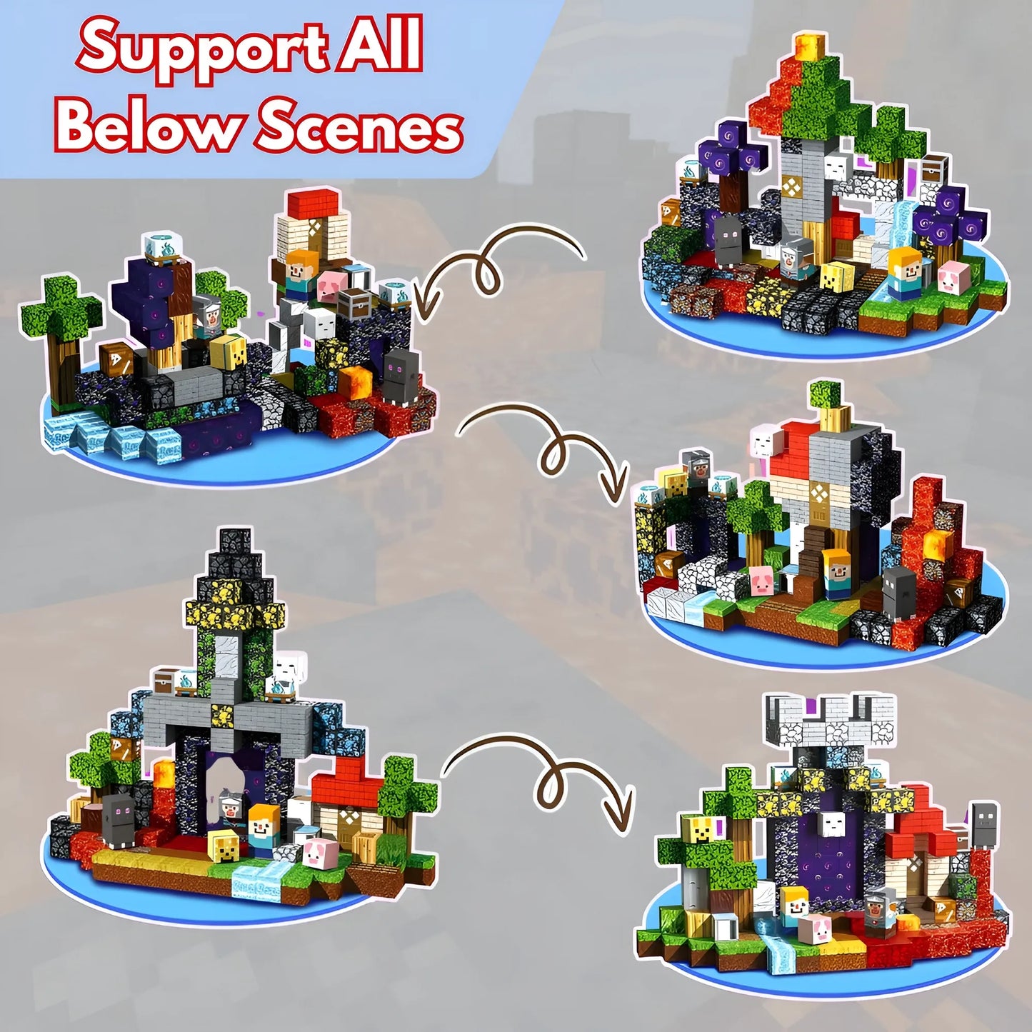 Colorful building block sets arranged to depict various scenes on a gray background.