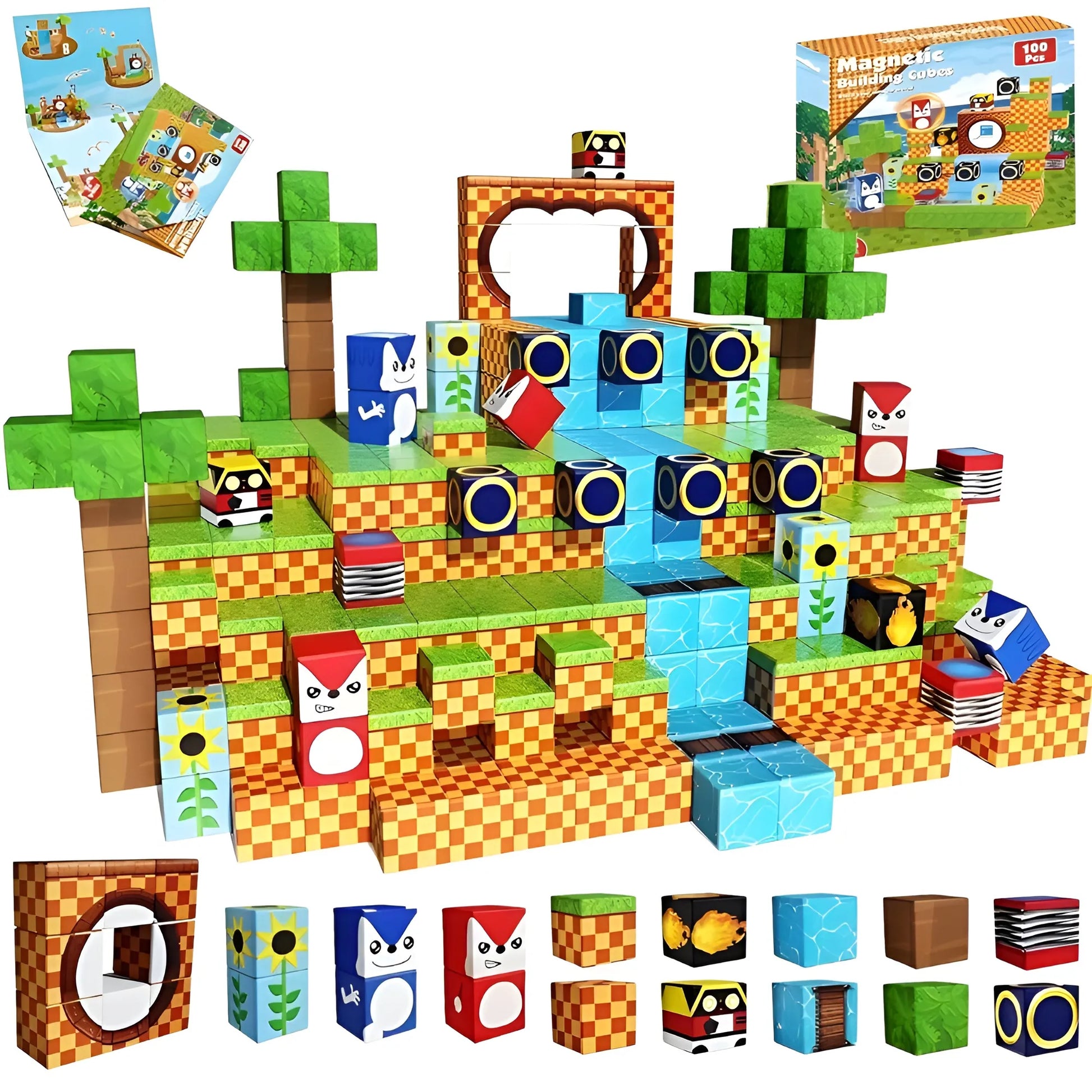 Toy building block set with character figures and accessories on a white background