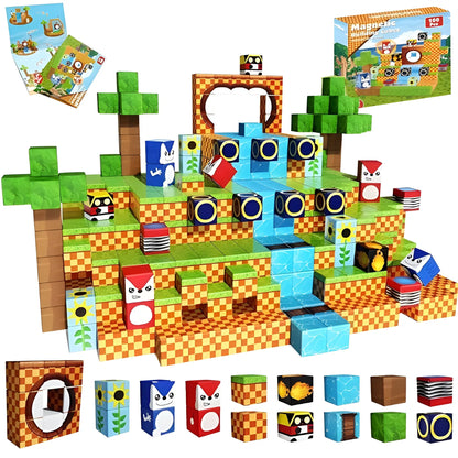 Toy building block set with character figures and accessories on a white background