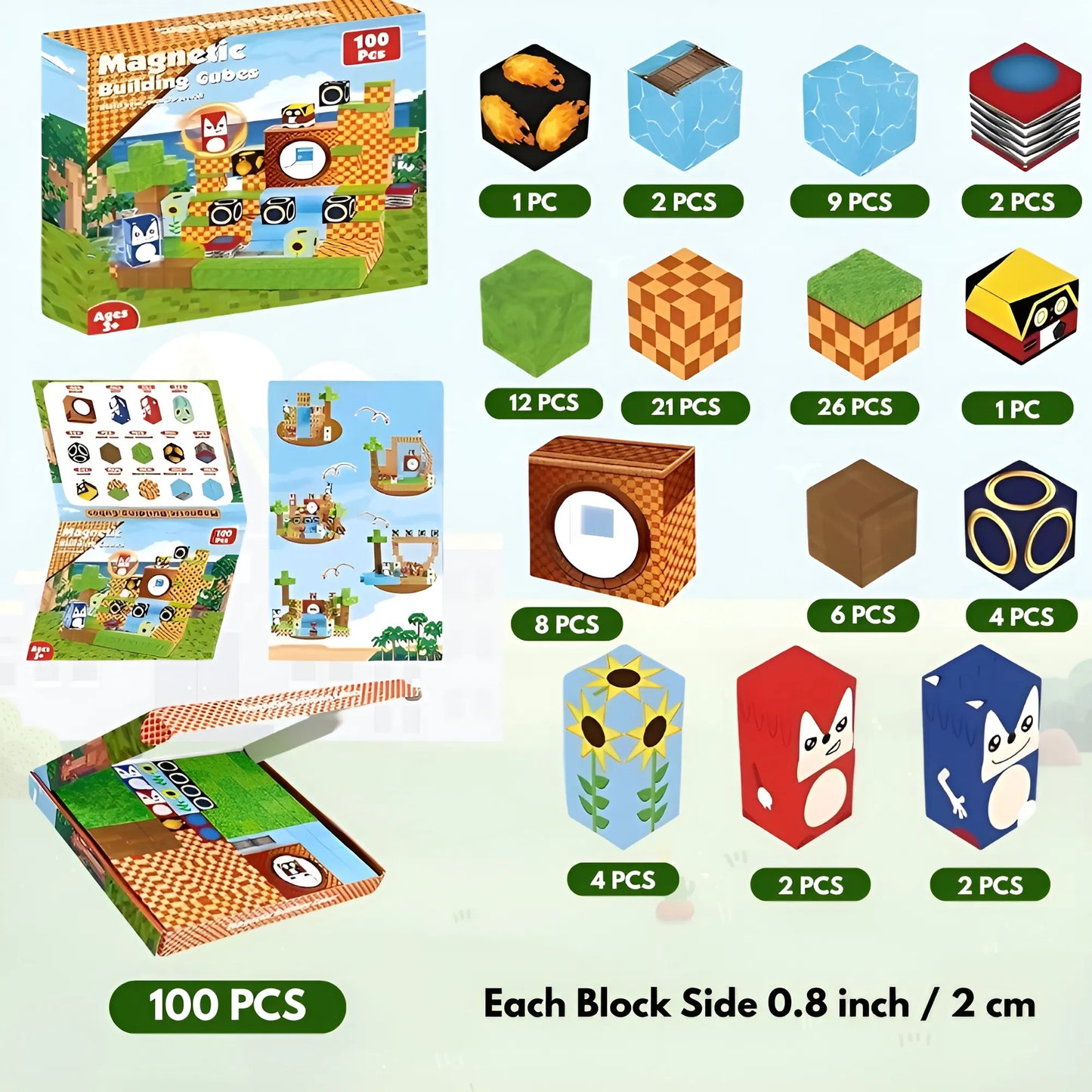 Toy building block set with packaging and block illustrations on a white background