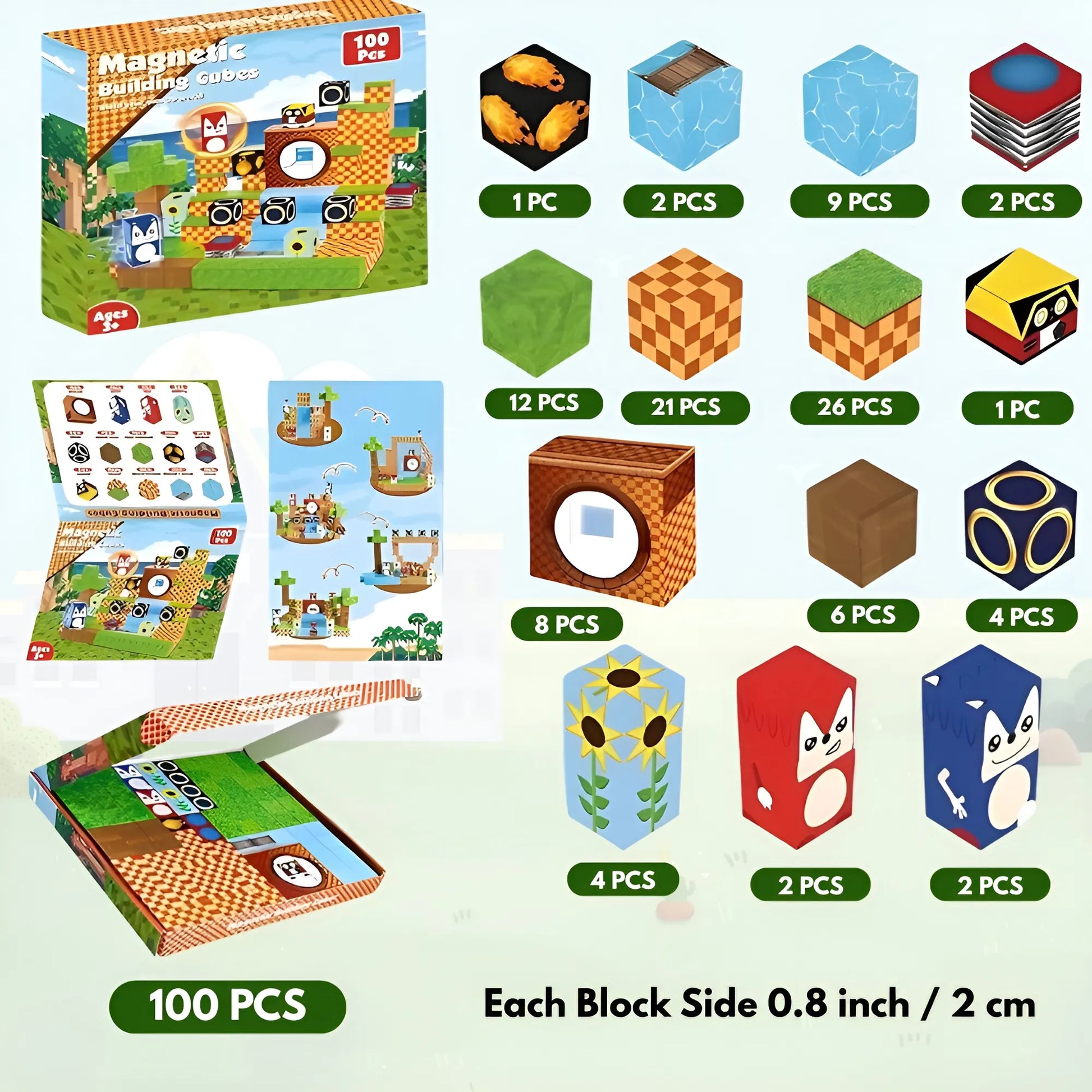 Toy building block set with packaging and block illustrations on a white background