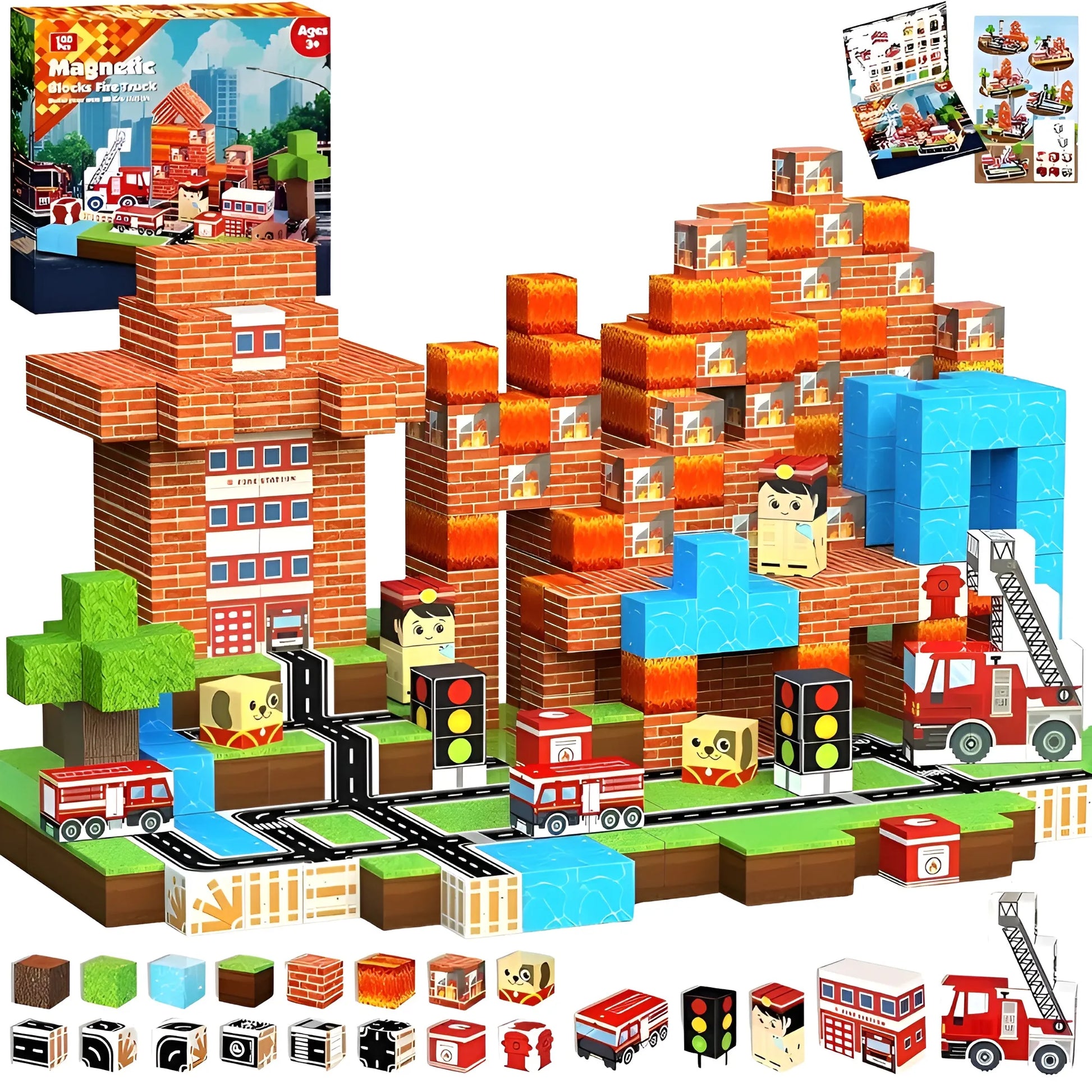 Toy building block set with fire station theme, including buildings, vehicles, and figures.