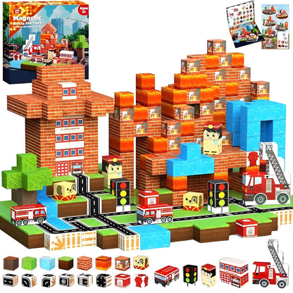 Toy building block set with fire station theme, including buildings, vehicles, and figures.