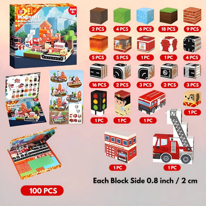 Fire truck building block set with packaging and block illustrations on a light pink background