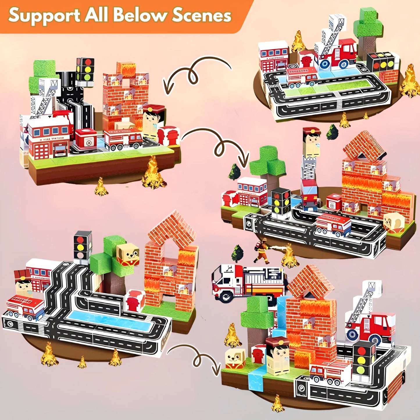 Toy set with fire truck and building models on a pink background