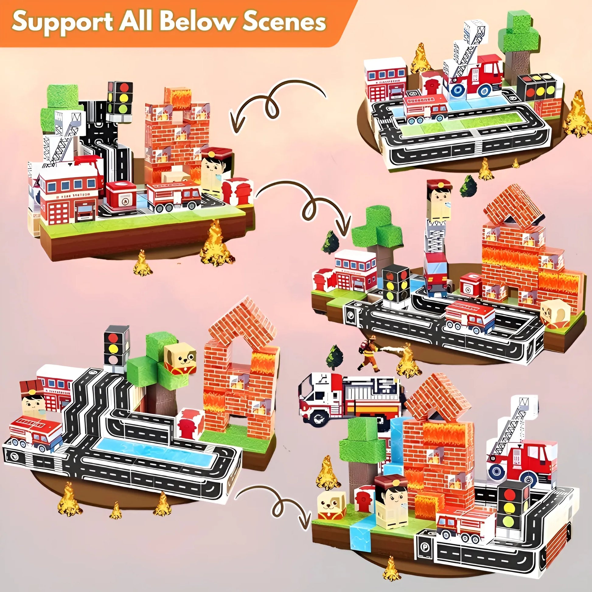 Toy set with fire truck and building models on a pink background