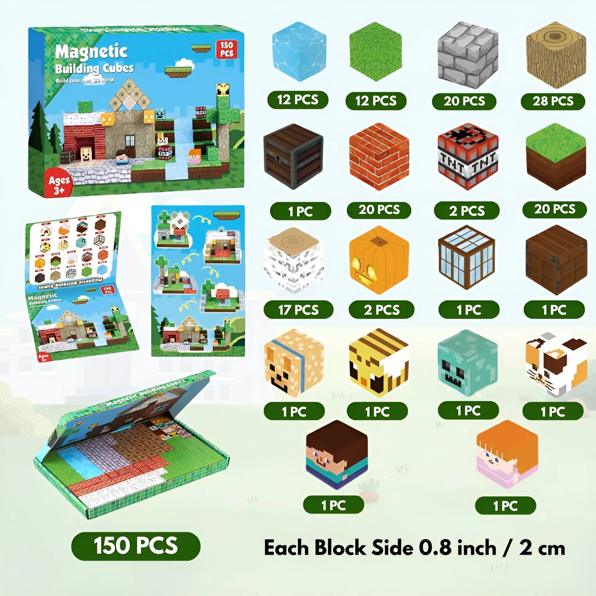 Magnetic building cubes set with packaging and various blocks displayed.