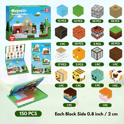 Magnetic building cubes set with packaging and various blocks displayed.
