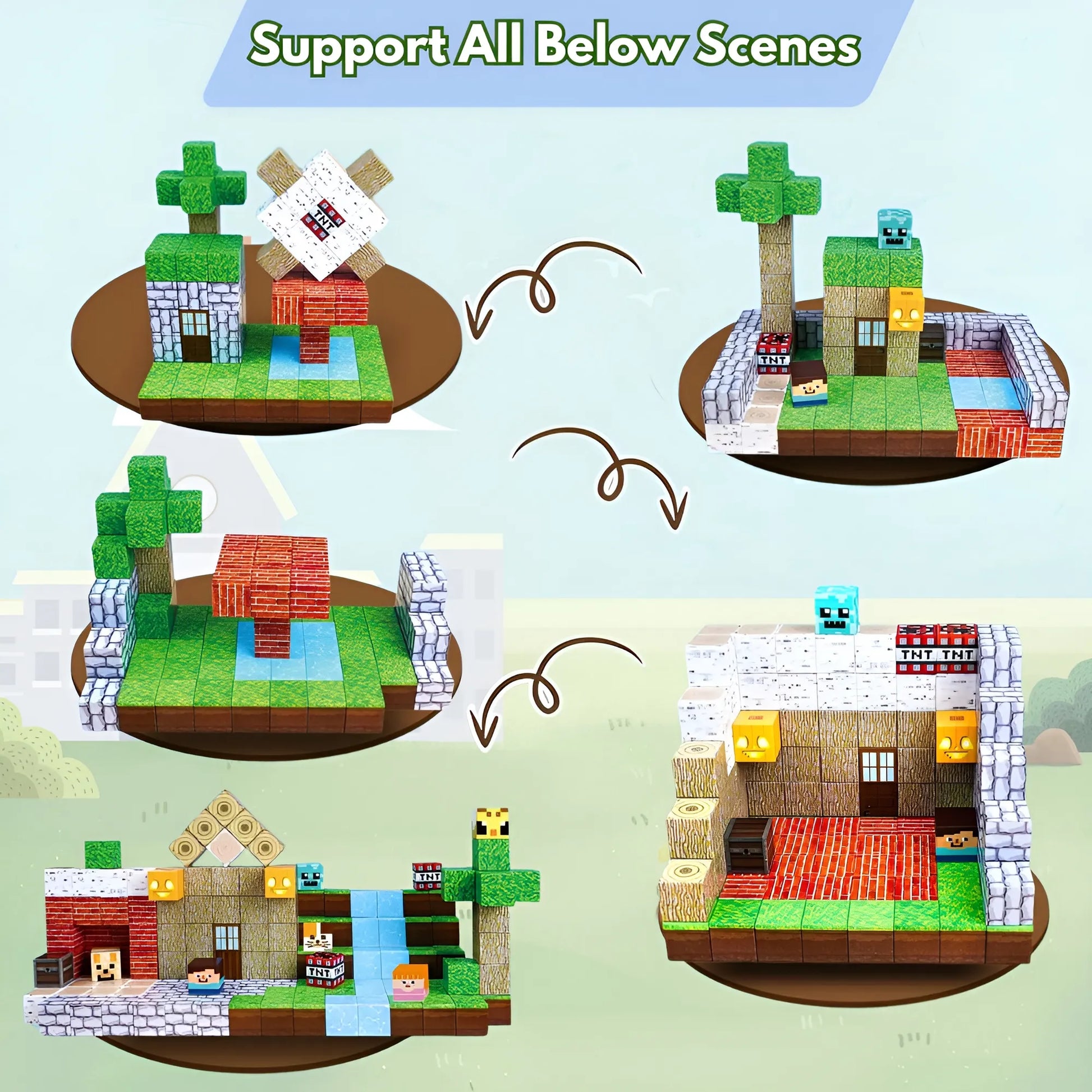 Set of building block toys with various structures on a light blue background