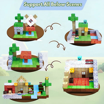 Set of building block toys with various structures on a light blue background