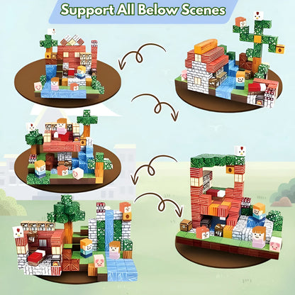 Set of building block models with various scenes and characters on a light blue and green gradient background.