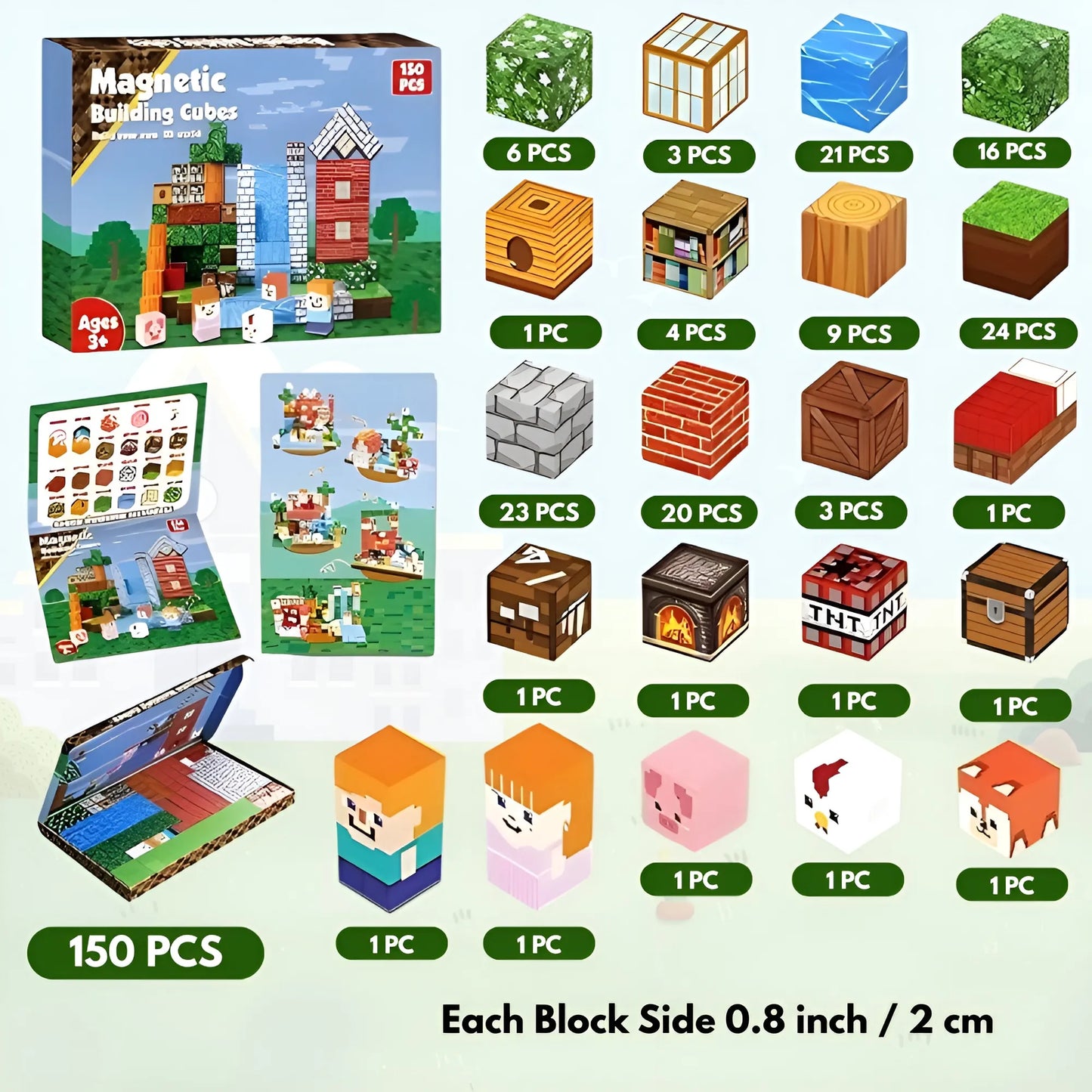 Magnetic building cubes set with packaging and various block examples on a white background