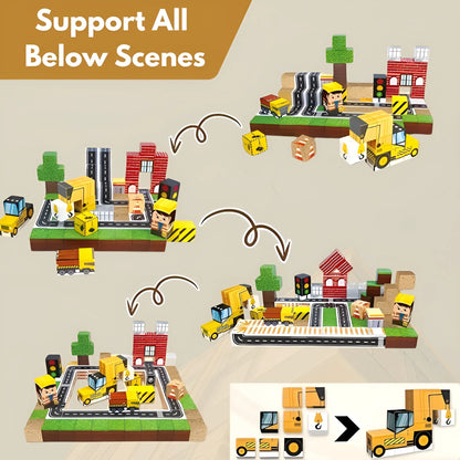 Toy construction set with buildings, roads, and vehicles on a beige background.