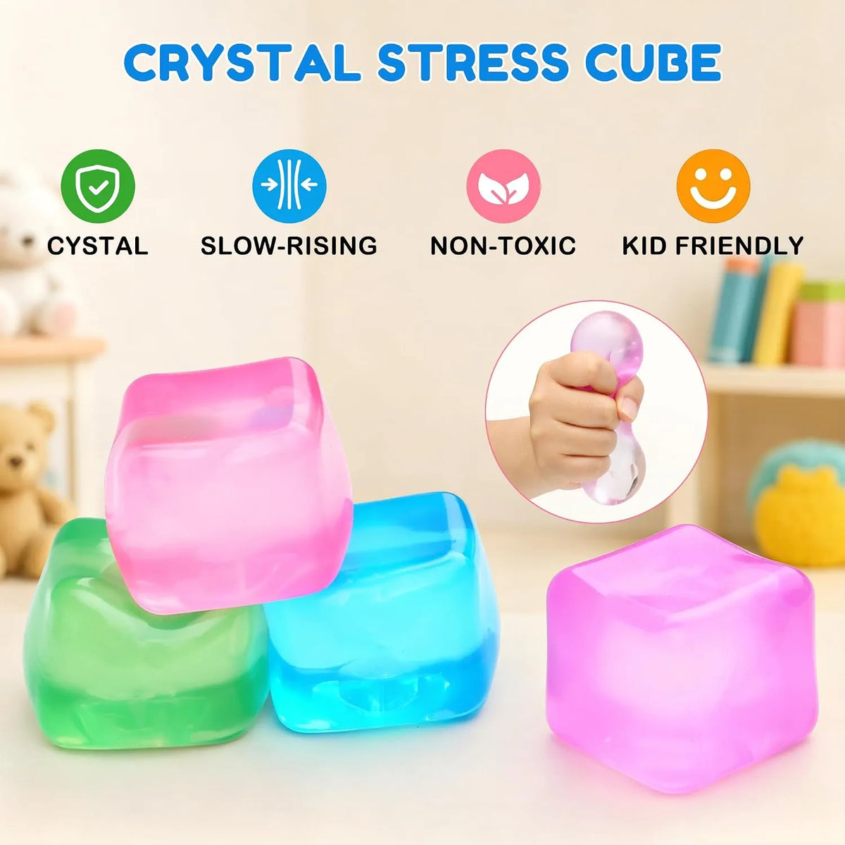 A set of four translucent crystal stress cubes in vibrant green, blue, pink, and purple hues. These soft fidget toys feature a slow-rising texture designed for anxiety relief and sensory stimulation for both kids and adults.