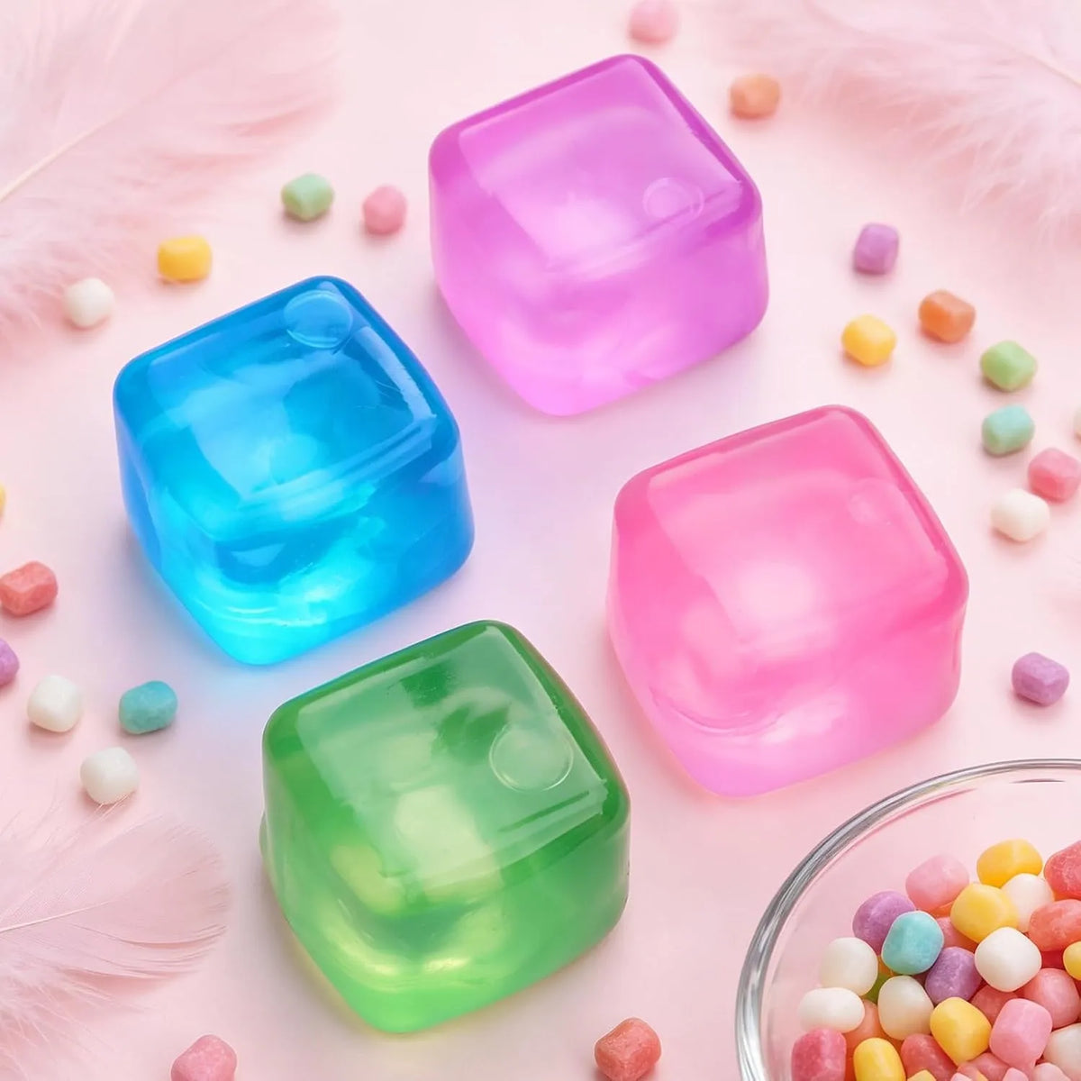 Four colorful translucent squishy cubes in blue, purple, pink, and green. These soft fidget toys serve as stress relief sensory tools and reusable ice cubes.