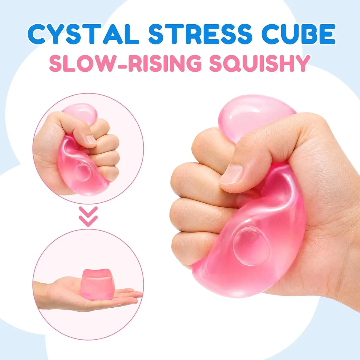 Pink slow-rising stress cube being squeezed by hand to show its translucent, soft texture ideal for sensory play and anxiety relief.