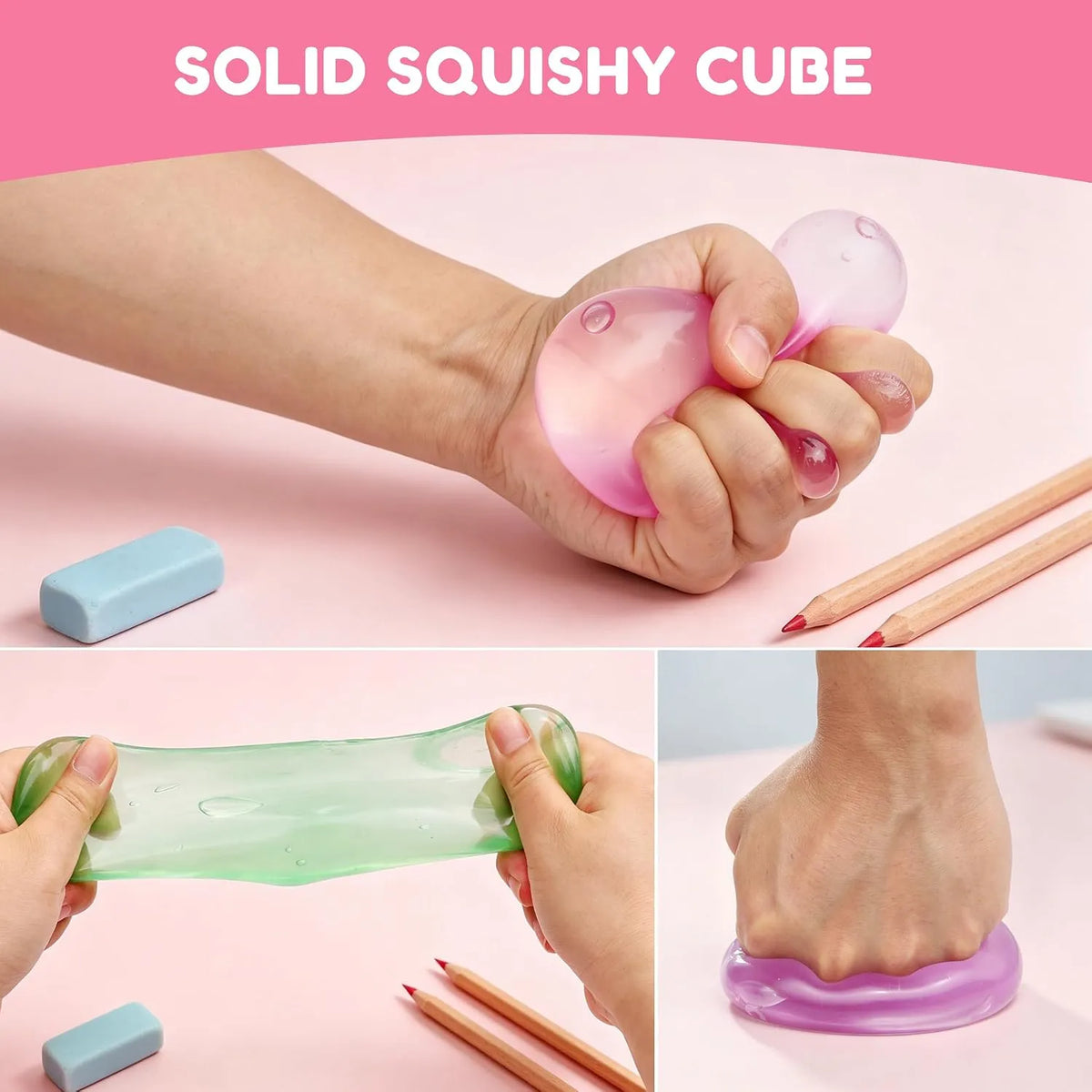 Visual demonstration of a solid squishy cube fidget toy in pink, green, and purple. Hands are shown squeezing the soft translucent material, stretching the green variant, and pressing the purple cube for stress relief.