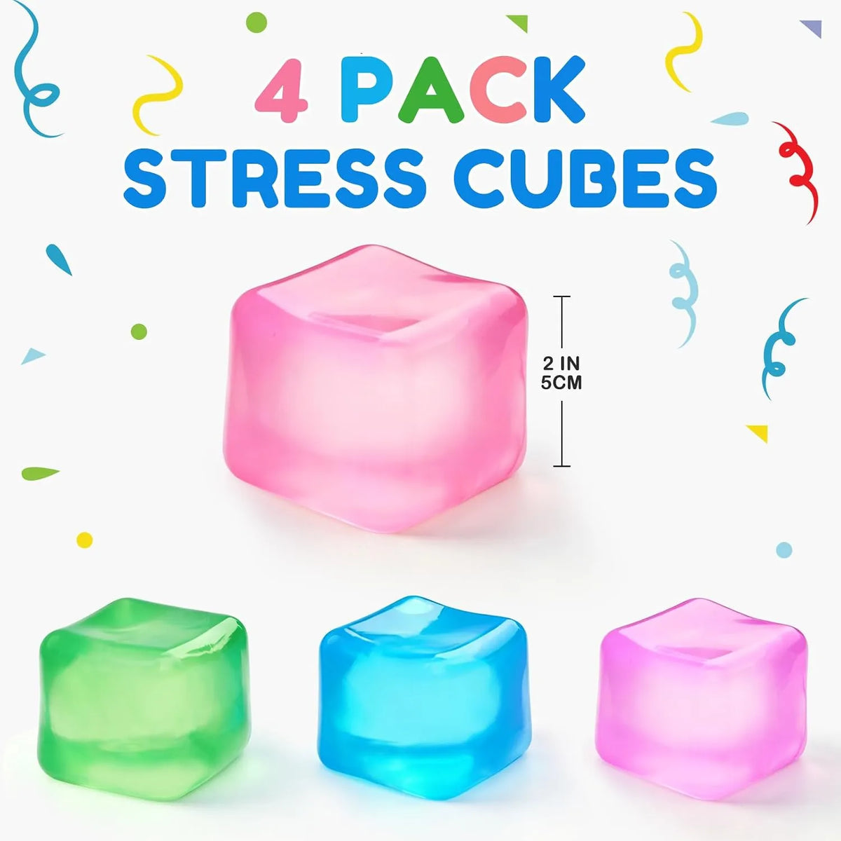 Set of 4 colorful translucent squishy stress cubes in green, blue, and pink, measuring 2 inches, designed as sensory fidget toys for anxiety relief.