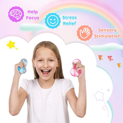 Girl holding blue and pink squishy cubes demonstrating stress relief and sensory stimulation fidget toys for kids.