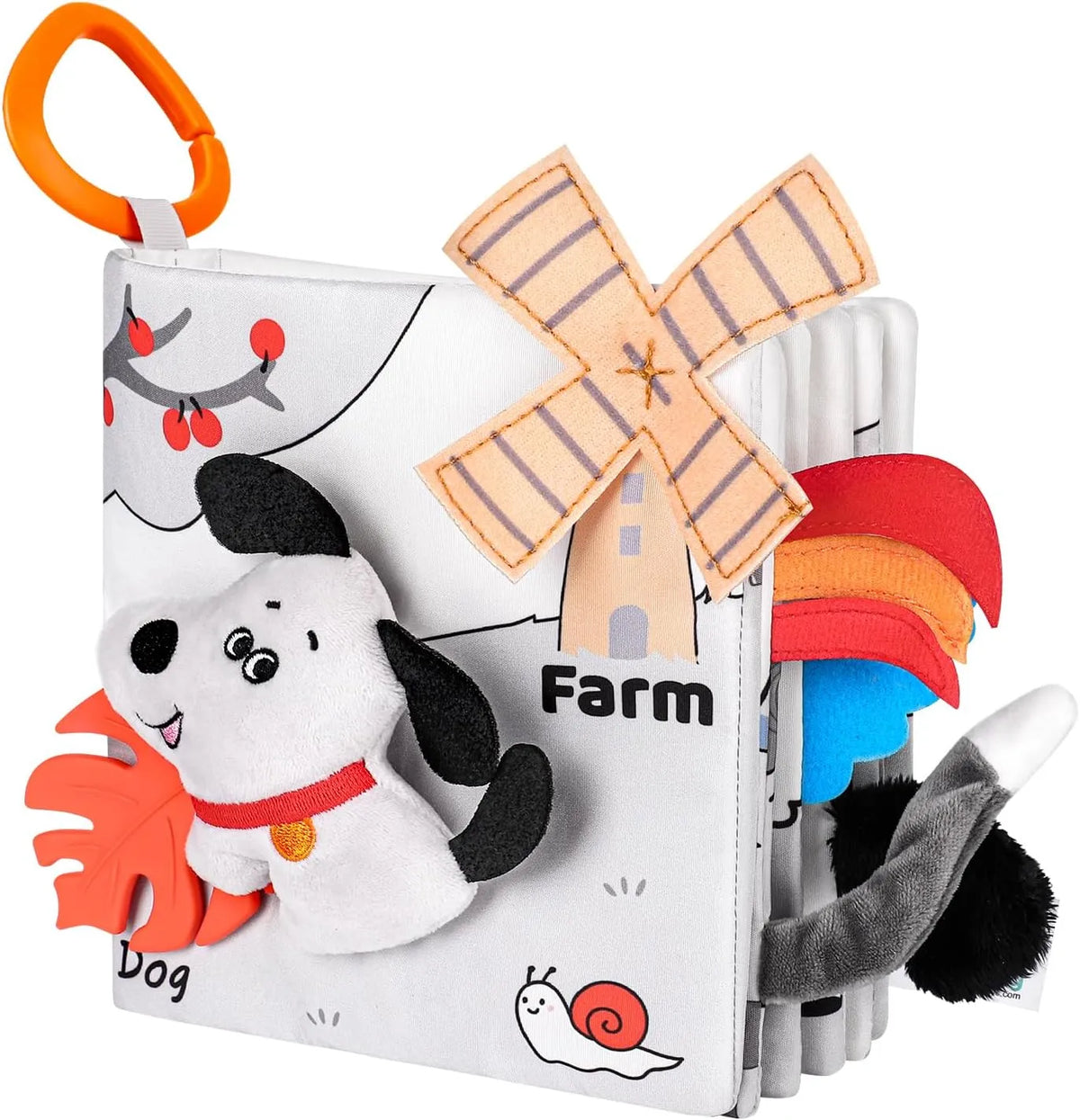 Children's soft book with farm-themed illustrations and textures on a white background