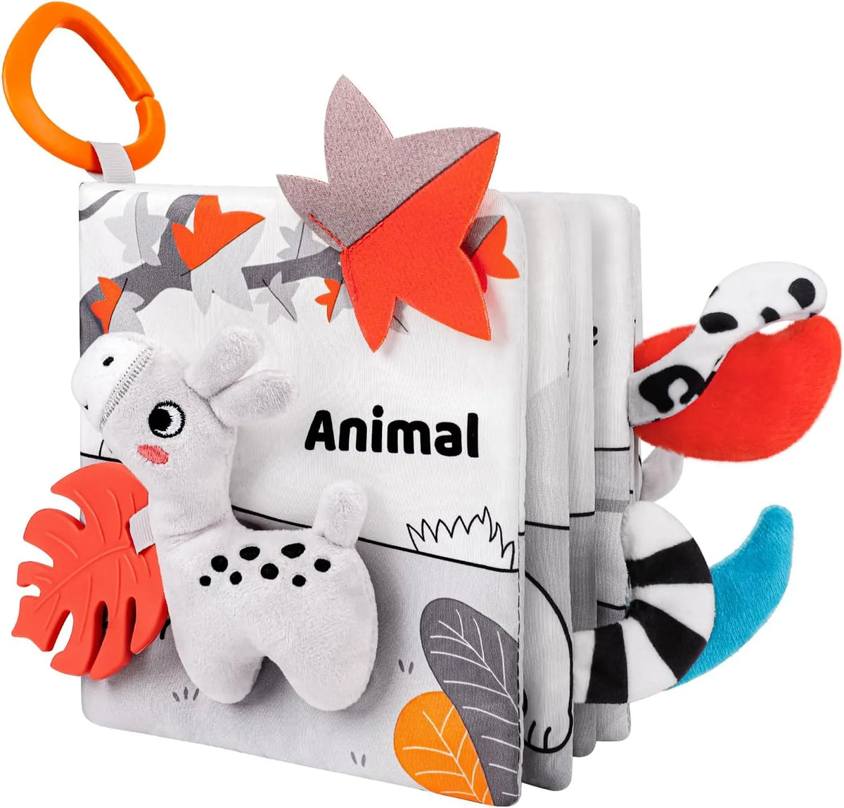 Children's soft book with animal illustrations and a carabiner on a white background