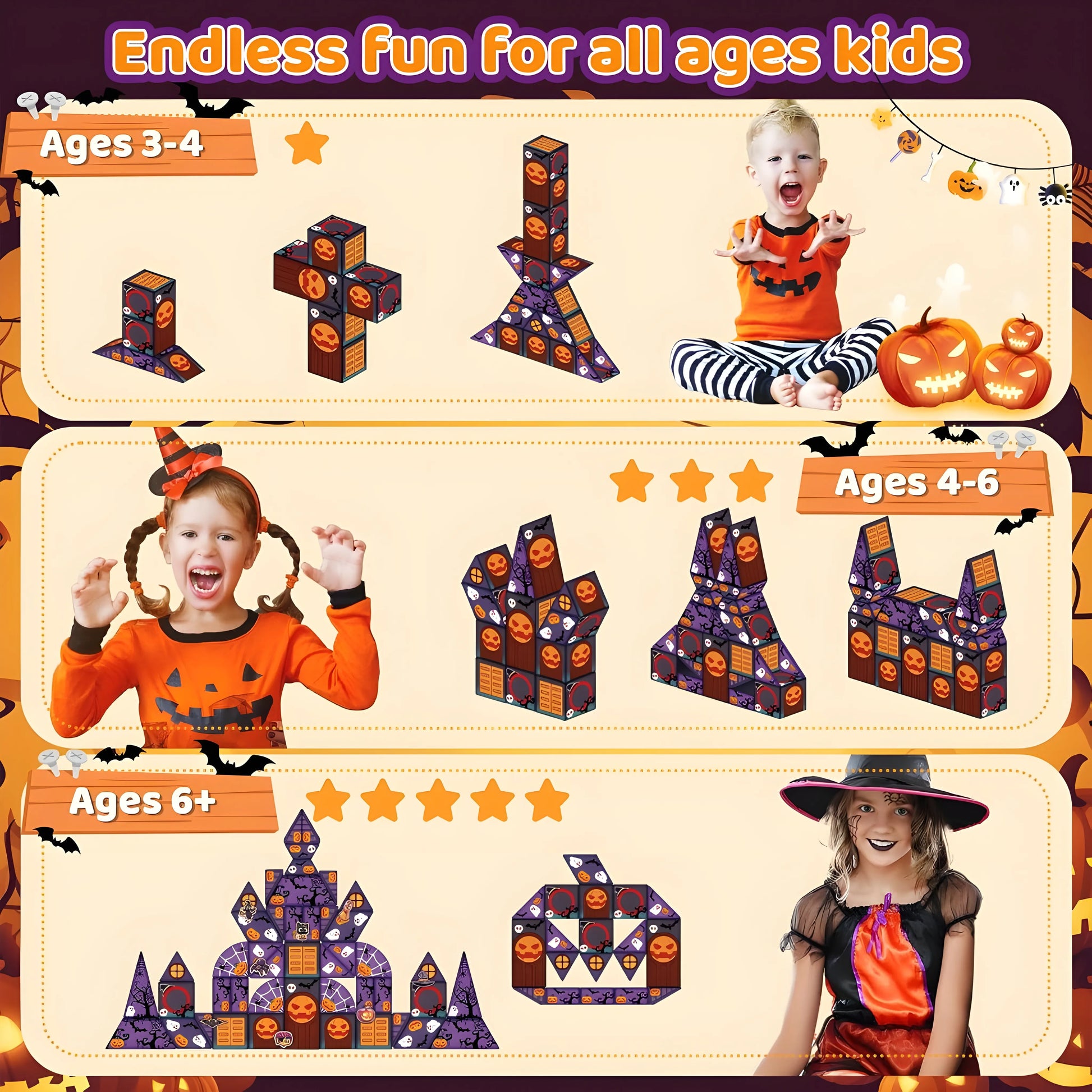 Halloween-themed magnetic blocks display with children and decorative items, labeled for different age groups.