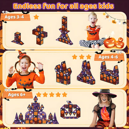 Halloween-themed magnetic blocks display with children and decorative items, labeled for different age groups.