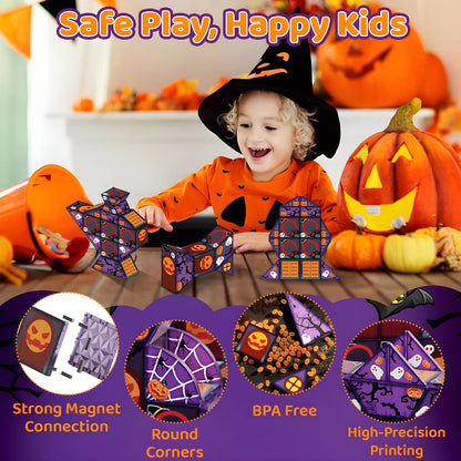 Child in Halloween costume playing with magnetic toy blocks, surrounded by pumpkins, with product features highlighted.