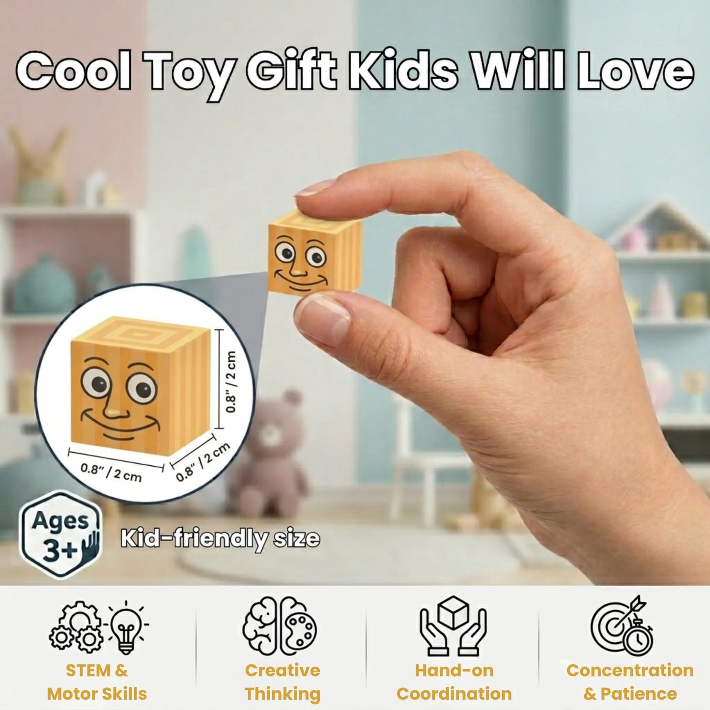 Hand holding a small wooden block with a face, labeled 'Cool Toy Gift Kids Will Love', in a room setting.